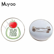 Load image into Gallery viewer, 2018 New Vegan Logo Brooches Egetarian Diet Go Organic Jewelry Round Brooch Pin Black Multilayers Pins Glass Cabochon Art Pin