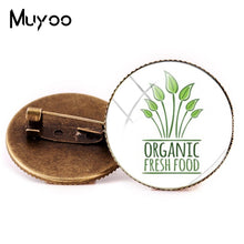 Load image into Gallery viewer, 2018 New Vegan Logo Brooches Egetarian Diet Go Organic Jewelry Round Brooch Pin Black Multilayers Pins Glass Cabochon Art Pin