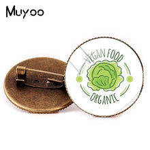 Load image into Gallery viewer, 2018 New Vegan Logo Brooches Egetarian Diet Go Organic Jewelry Round Brooch Pin Black Multilayers Pins Glass Cabochon Art Pin