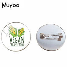 Load image into Gallery viewer, 2018 New Vegan Logo Brooches Egetarian Diet Go Organic Jewelry Round Brooch Pin Black Multilayers Pins Glass Cabochon Art Pin