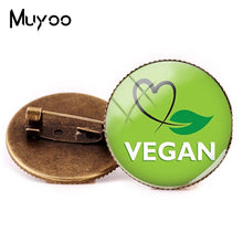 Load image into Gallery viewer, 2018 New Vegan Logo Brooches Egetarian Diet Go Organic Jewelry Round Brooch Pin Black Multilayers Pins Glass Cabochon Art Pin