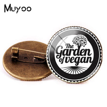 Load image into Gallery viewer, 2018 New Vegan Logo Brooches Egetarian Diet Go Organic Jewelry Round Brooch Pin Black Multilayers Pins Glass Cabochon Art Pin