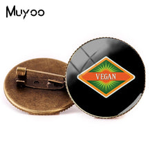 Load image into Gallery viewer, 2018 New Vegan Logo Brooches Egetarian Diet Go Organic Jewelry Round Brooch Pin Black Multilayers Pins Glass Cabochon Art Pin