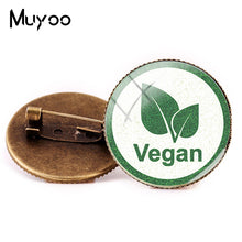Load image into Gallery viewer, 2018 New Vegan Logo Brooches Egetarian Diet Go Organic Jewelry Round Brooch Pin Black Multilayers Pins Glass Cabochon Art Pin