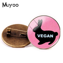 Load image into Gallery viewer, 2018 New Vegan Logo Brooches Egetarian Diet Go Organic Jewelry Round Brooch Pin Black Multilayers Pins Glass Cabochon Art Pin